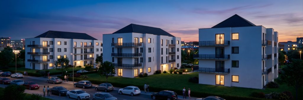 osiedle budynków wielorodzinnych Legnica wieczorem